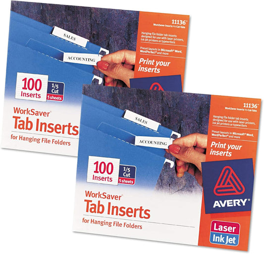 Avery : Laser/Inkjet Inserts for Hanging File Folders, 1/5 Tab, 2in, White, 100/Pack -:- Sold as 2 Packs of - 100 - / - Total of 200 Each
