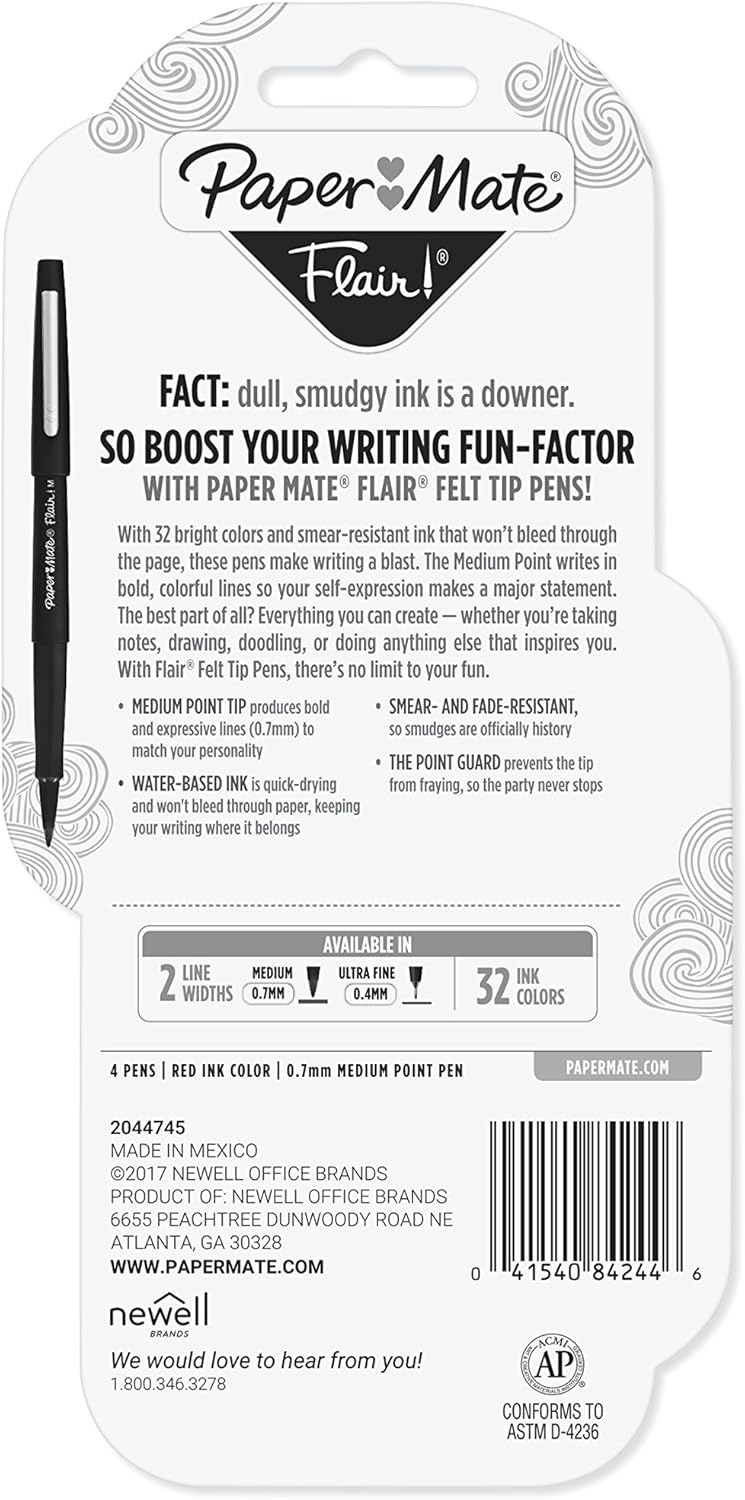 Paper Mate Flair Felt Tip Pens, Medium Point (0.7mm), Red, 4 Count