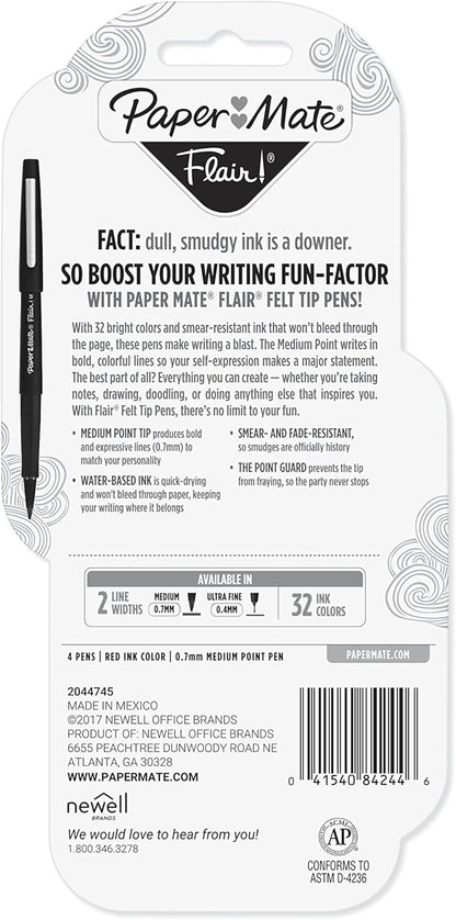 Paper Mate Flair Felt Tip Pens, Medium Point (0.7mm), Red, 4 Count