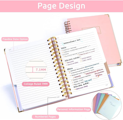 Hardcover Spiral Notebook with Tabs 8"x10" Large Spiral Lined Journals for Women with Dividers 240 Pages College Ruled Composition Notebook 5 Subject Notebook for Work, Back to School, Gifts, Purple