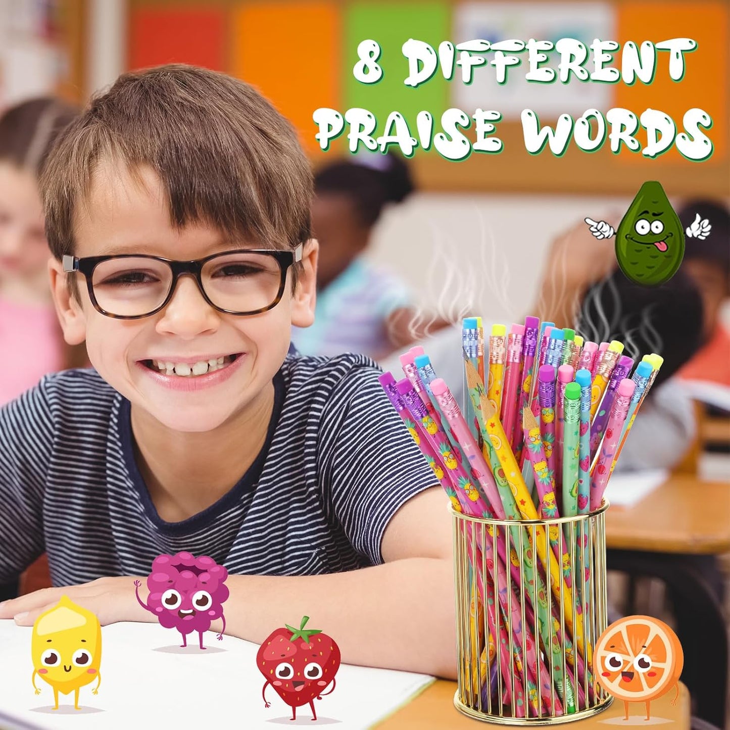 Leinuosen 48 Pcs Scented Pencils for Kids Cute Motivational Colorful Fun Wood HB Pencils Bulk with Erasers Fruit Elements for School Office Classroom Student