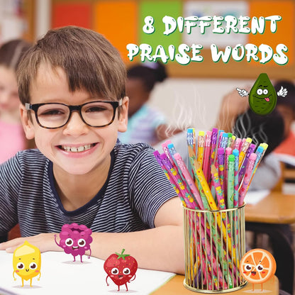 Leinuosen 48 Pcs Scented Pencils for Kids Cute Motivational Colorful Fun Wood HB Pencils Bulk with Erasers Fruit Elements for School Office Classroom Student