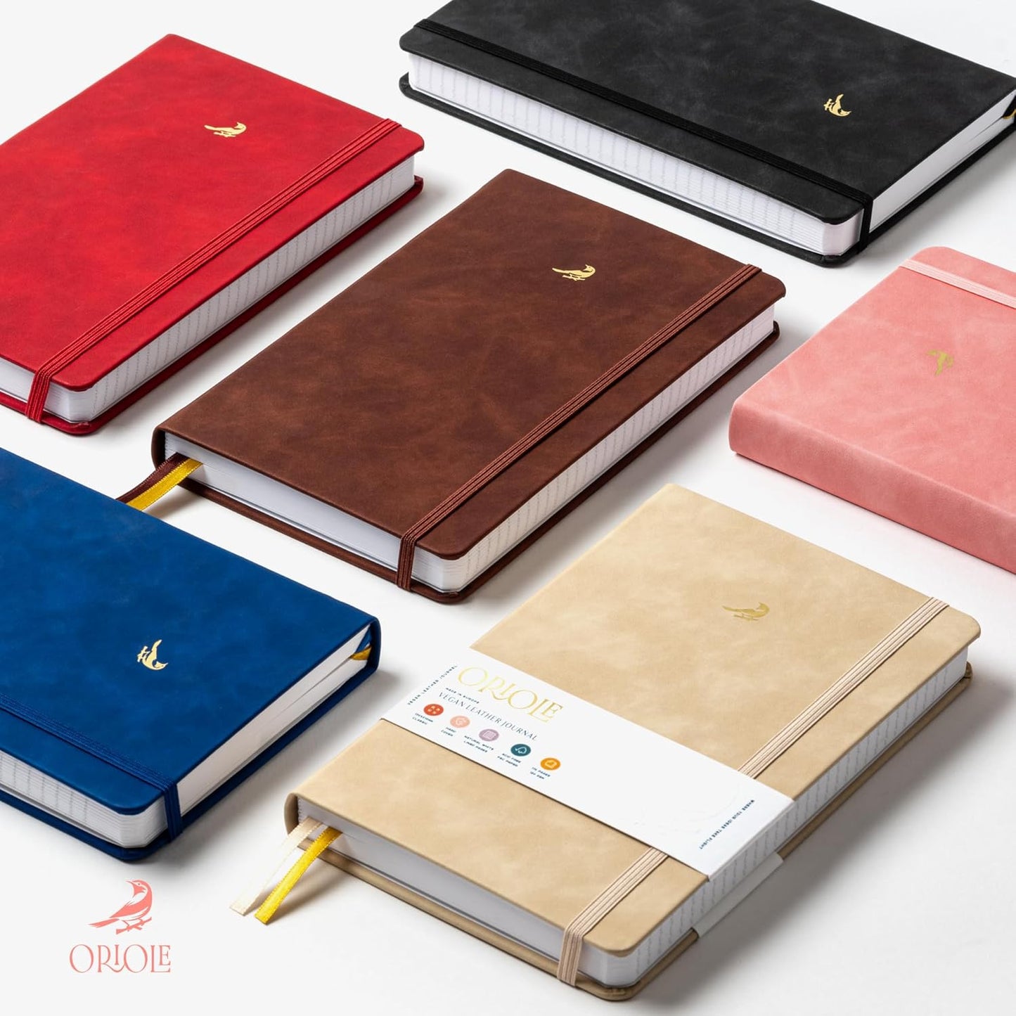 Oriole Vegan Leather Ruled Notebook - Chestnut Brown | 176 Pages of Thick Lined Paper | Soft Touch Hardcover Journal (5 x 8 in) with Gold Foil Bird Design & Luxury Gift Box