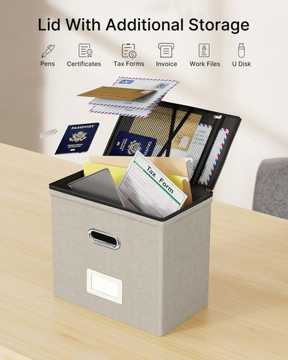 Oterri 2 Pack File Organizer Boxes with Lids, File Box with Mesh Pockets, Document Organizer Box for File Folders Letter Size, Zippers Filing Box for Home, Office, School (Green, Without Folders)