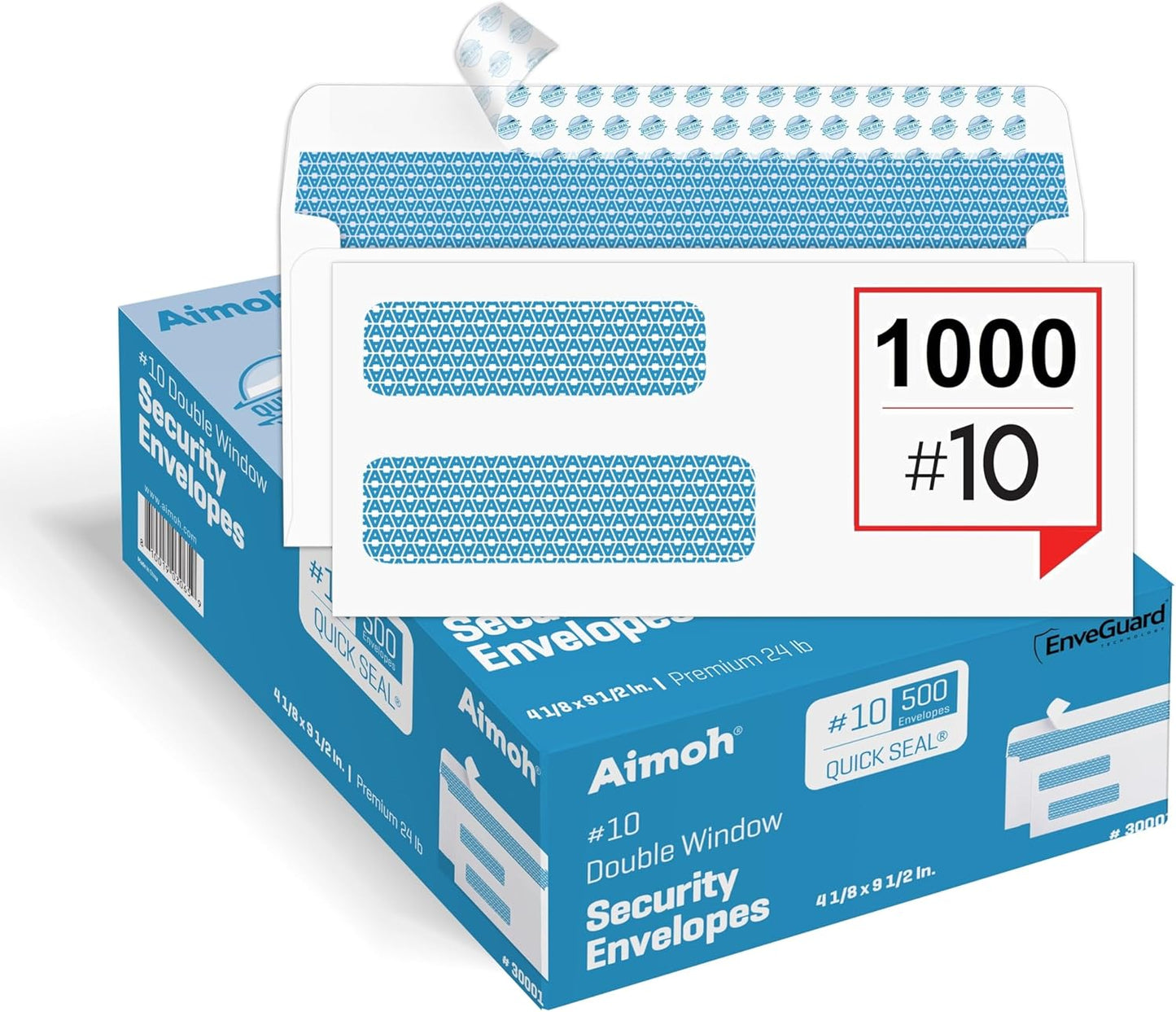 Aimoh 500 Count #10 Double Window Self Seal Security Envelopes - for Invoices, Statements & Business Mailings, Security Tinted - EnveGuard, Size 4-1/8 x 9-1/2 -White -24 LB(30001)