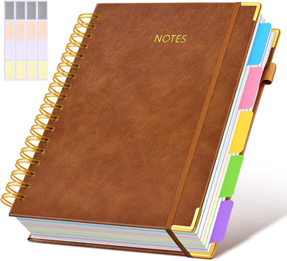 Hardcover Spiral Notebook Journal with Removable Dividers Tabs, 300 Pages Leather 5 Subject Notebook College Ruled, 8"x10" Large B5 Notebooks for Work School Note taking, Lined Journal for Women, Pink