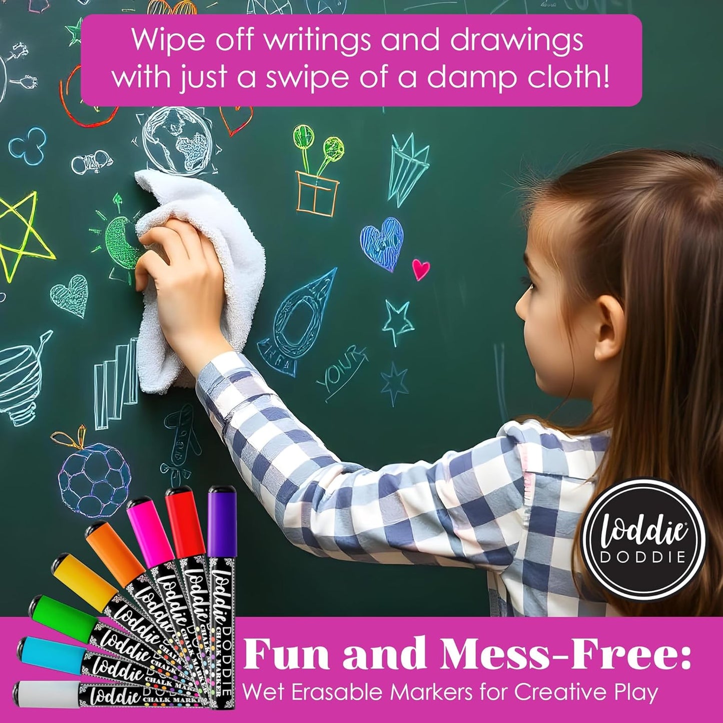 Loddie Doddie Liquid Chalk Markers - 8-Pack, 6mm Dual Tips - Chalk Markers for Blackboard & Chalkboard Paint - Washable Window Pens for Glass - Erasable Pens