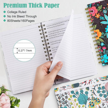 Spiral Notebook, 4 Pack A5 Lined Journal for Women, Hardcover Spiral Journal with 2 Pockets, College Ruled Notebooks, Cute Notebook for Office, School Supplies, Gifts (160 Pages, 6.3" x 8.46")