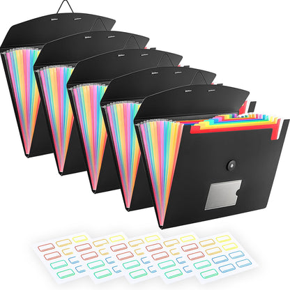 5-Pack 13-Pocket Expanding File Folder, Accordion File Organizer with Labels, Fits Letter Size & A4 Paper, for Home Office School College Supplies
