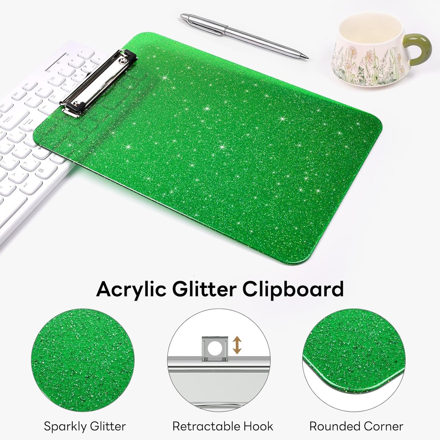 A4 Plastic Glitter Clipboard, Sparkly Pink 12.5 x 9 Letter Size for Classroom, Students, Teacher, Nurse, 8.5 x 11 Clip Board with Low Profile Clip, Office & School Supplies
