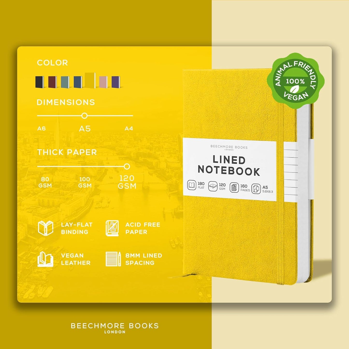 BEECHMORE BOOKS Large Lined Journal Notebook, 8.5" x 11.5" (A4) Hardcover Vegan Leather Executive Diary for Work, Thick 120gsm Paper, Lay-Flat Binding, Gift Box