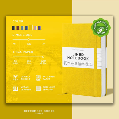BEECHMORE BOOKS Large Lined Journal Notebook, 8.5" x 11.5" (A4) Hardcover Vegan Leather Executive Diary for Work, Thick 120gsm Paper, Lay-Flat Binding, Gift Box