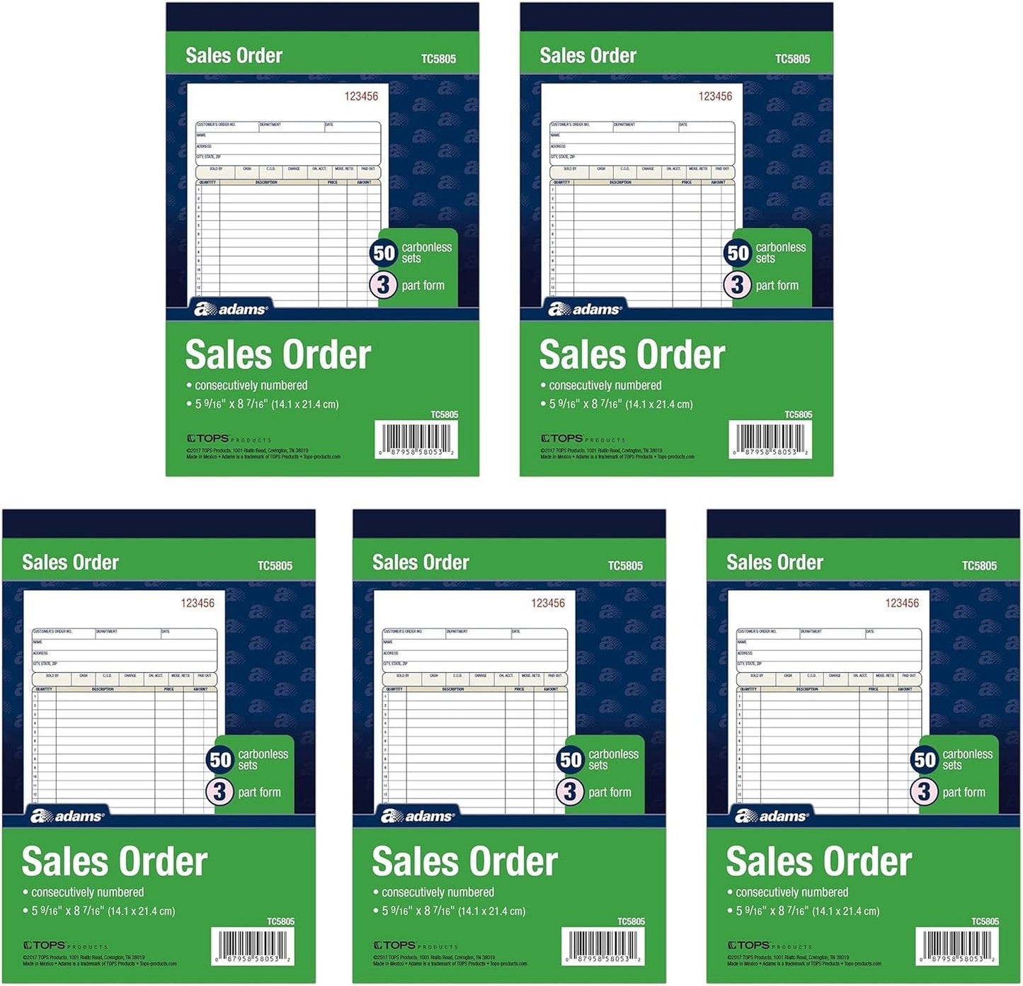 Adams Sales Order Book, 3-Part, Carbonless, White/Canary/Pink, 5-9/16" x 8-7/16", Bound Wraparound Cover, 50 Sets per Book, 5 Books, 250 Sets Total (TC5805)