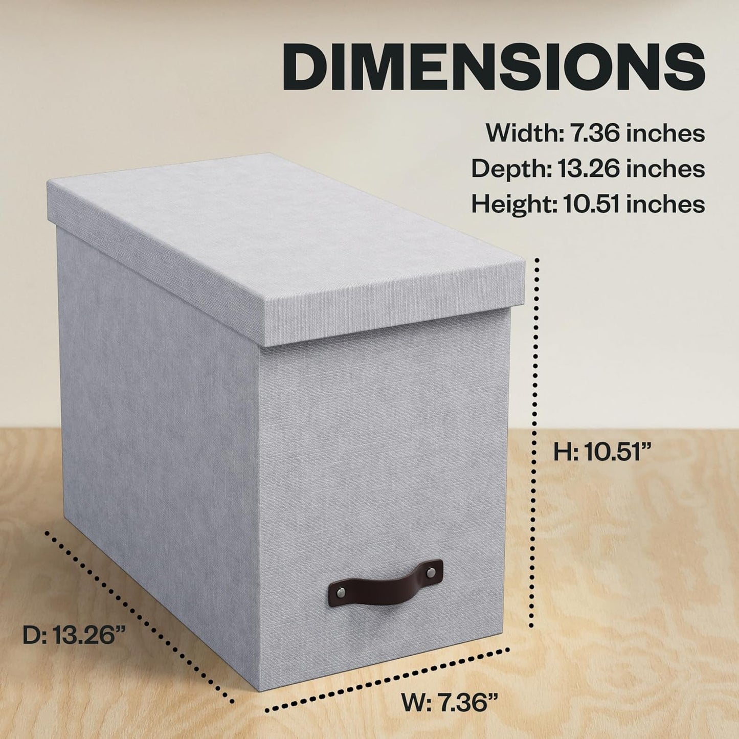 Bigso John Desktop File Box - Storage Solution and Document Organizer for Important Paperwork - Durable Hanging File Box with a Lid and Leather Handle - 7.36 in x 13.26 in x 10.51 in - Grey
