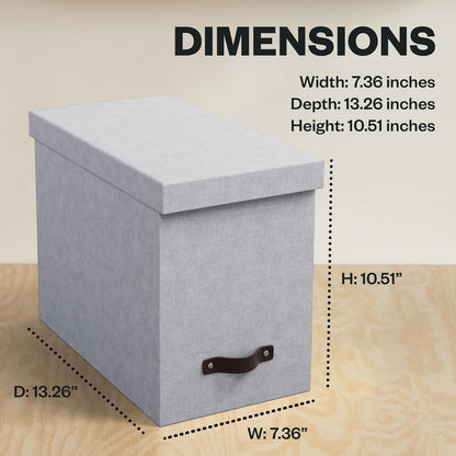 Bigso John Desktop File Box - Storage Solution and Document Organizer for Important Paperwork - Durable Hanging File Box with a Lid and Leather Handle - 7.36 in x 13.26 in x 10.51 in - Grey