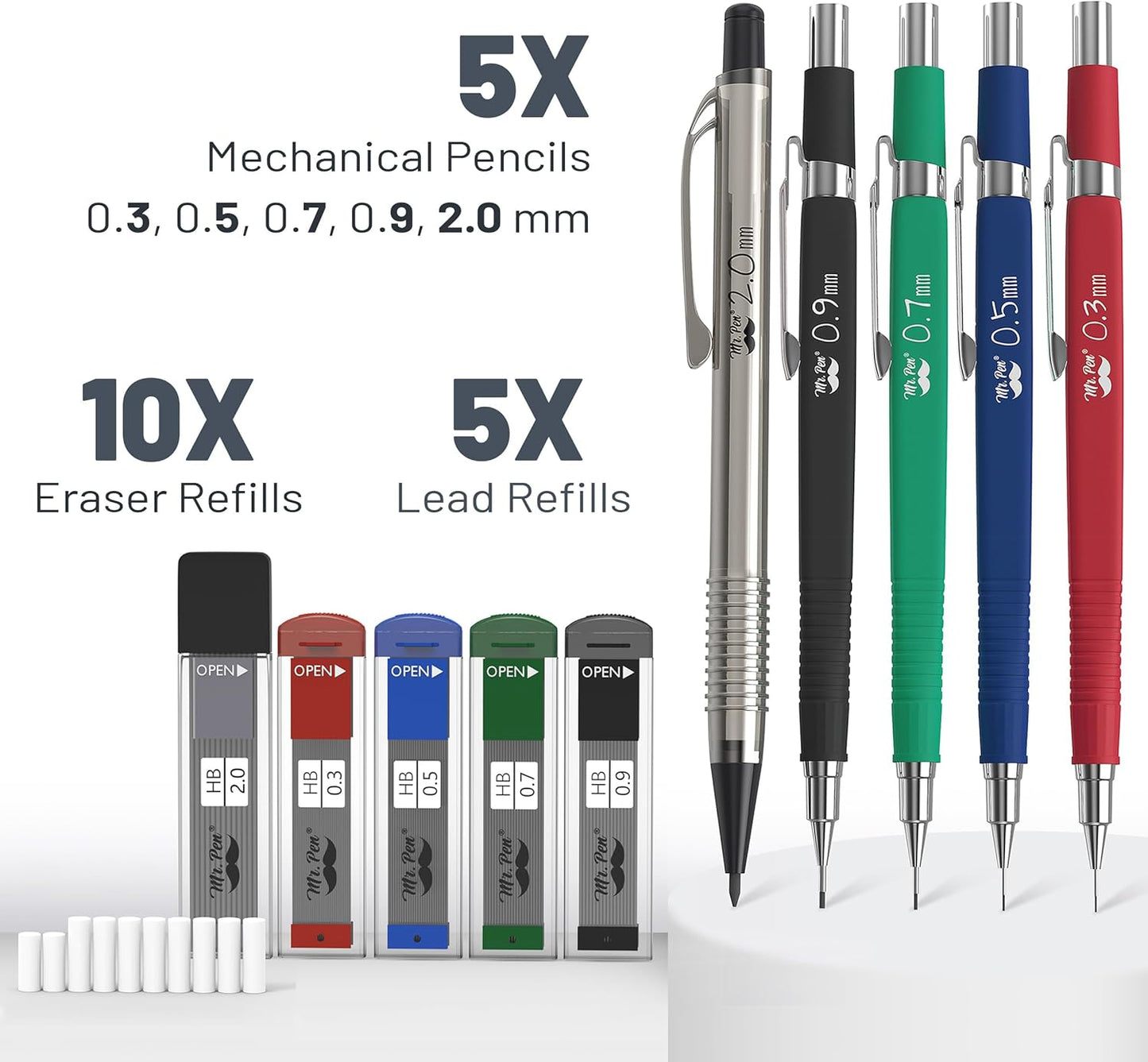 Mr. Pen- Art Mechanical Pencil Set, 5 Vintage Mechanical Pencils (0.3, 0.5, 0.7, 0.9, 2.0mm), 5 HB Lead Refills & 10 Eraser Refills, Precision Drawing Pencils for Sketching, Writing & Artwork