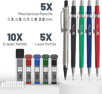Mr. Pen- Art Mechanical Pencil Set, 5 Vintage Mechanical Pencils (0.3, 0.5, 0.7, 0.9, 2.0mm), 5 HB Lead Refills & 10 Eraser Refills, Precision Drawing Pencils for Sketching, Writing & Artwork
