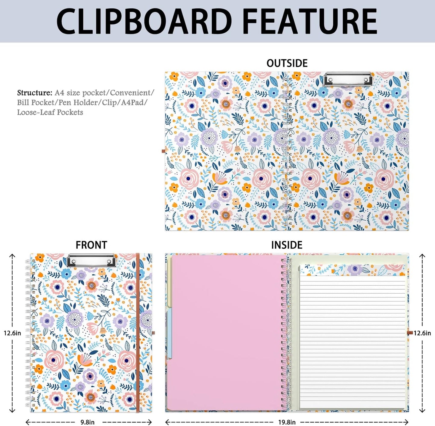 Rimilak Spiral Clipboards Folio with Refillable Lined Notepad, 14.5 x 9.8 In, Hardcover Cover with 5 Interior Pockets, Elastic Band and Pen Loop Series. Cute Stylish Clipfolio, Daisy Flower