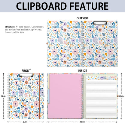 Rimilak Spiral Clipboards Folio with Refillable Lined Notepad, 14.5 x 9.8 In, Hardcover Cover with 5 Interior Pockets, Elastic Band and Pen Loop Series. Cute Stylish Clipfolio, Daisy Flower
