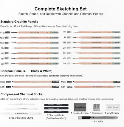 KALOUR 29 Pro Sketching Drawing Pencils Set with Roll-Up Nylon Case – 14 Graphite Pencils (14B–5H), Charcoal Pencils, Erasers, Sharpener & Stumps – Complete Art Kit for Artists & Beginner
