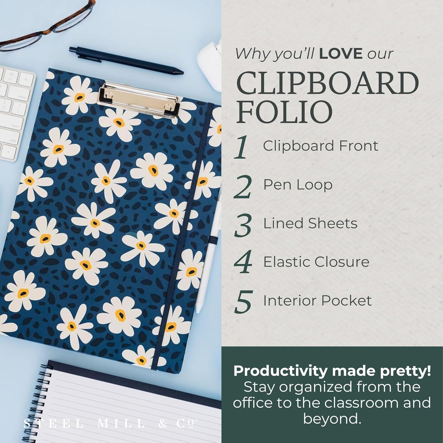 Steel Mill & Co Cute Clipboard Folio with Refillable Lined Notepad and Interior Storage Pocket, Floral Padfolio for Work, Garden Blooms Cream