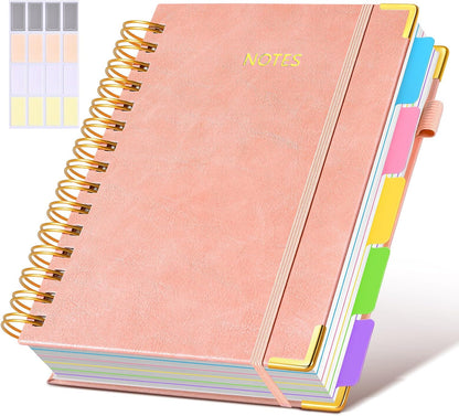 Hardcover Spiral Notebook Journal with Removable Dividers Tabs, 300 Pages Leather 5 Subject Notebook College Ruled, 8"x10" Large B5 Notebooks for Work School Note taking, Lined Journal for Women, Pink