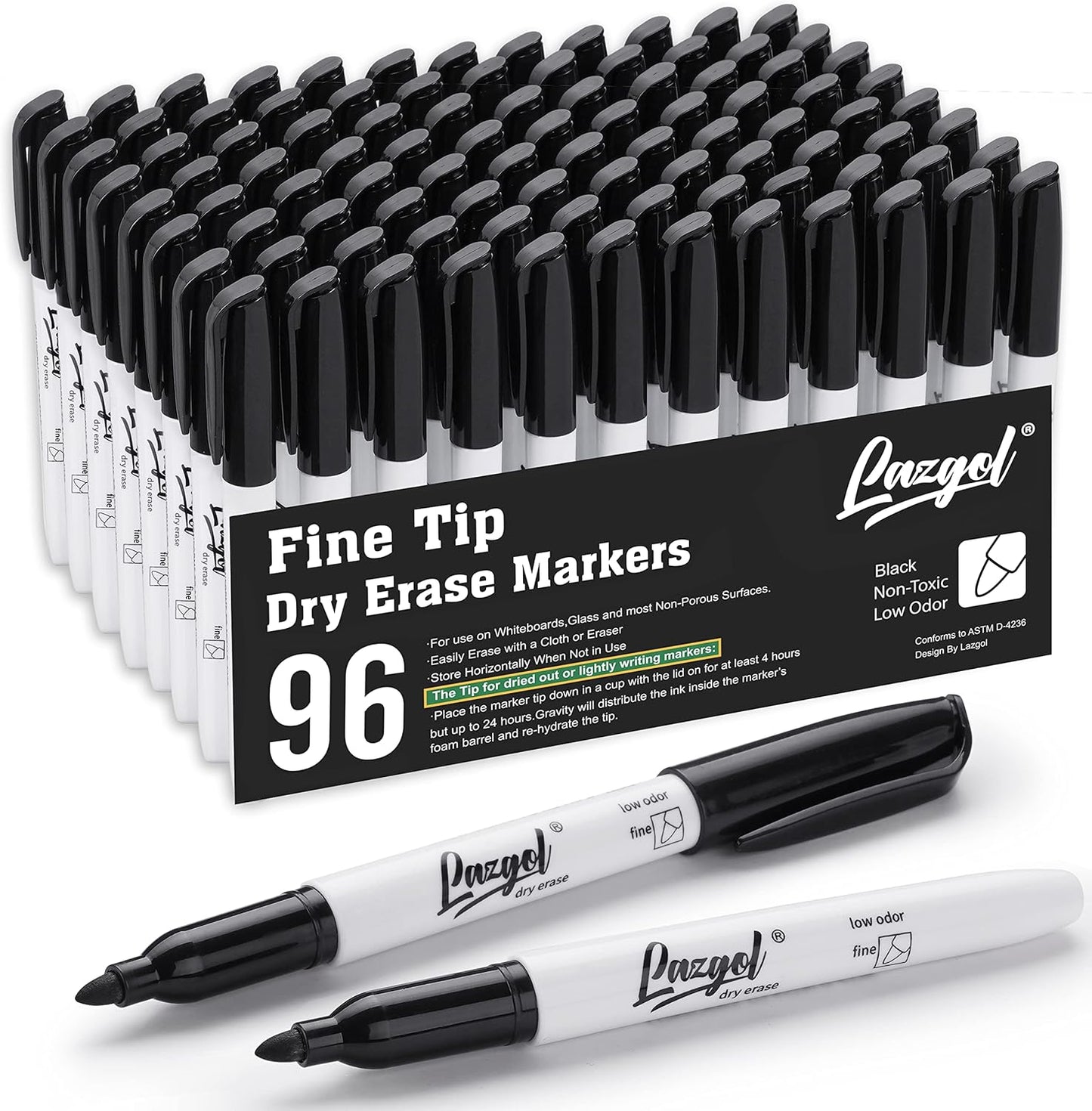 LAZGOL Dry Erase Markers Bulk, 96 Pack Fine Point Tip Black Dry Erase Markers, Low Odor Whiteboard Markers for Back to School, Office, Home, Work On White board & Calendar, Refrigerator.