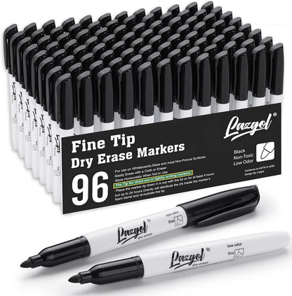 LAZGOL Dry Erase Markers Bulk, 96 Pack Fine Point Tip Black Dry Erase Markers, Low Odor Whiteboard Markers for Back to School, Office, Home, Work On White board & Calendar, Refrigerator.