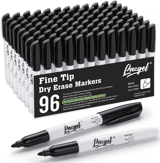 LAZGOL Dry Erase Markers Bulk, 96 Pack Fine Point Tip Black Dry Erase Markers, Low Odor Whiteboard Markers for Back to School, Office, Home, Work On White board & Calendar, Refrigerator.