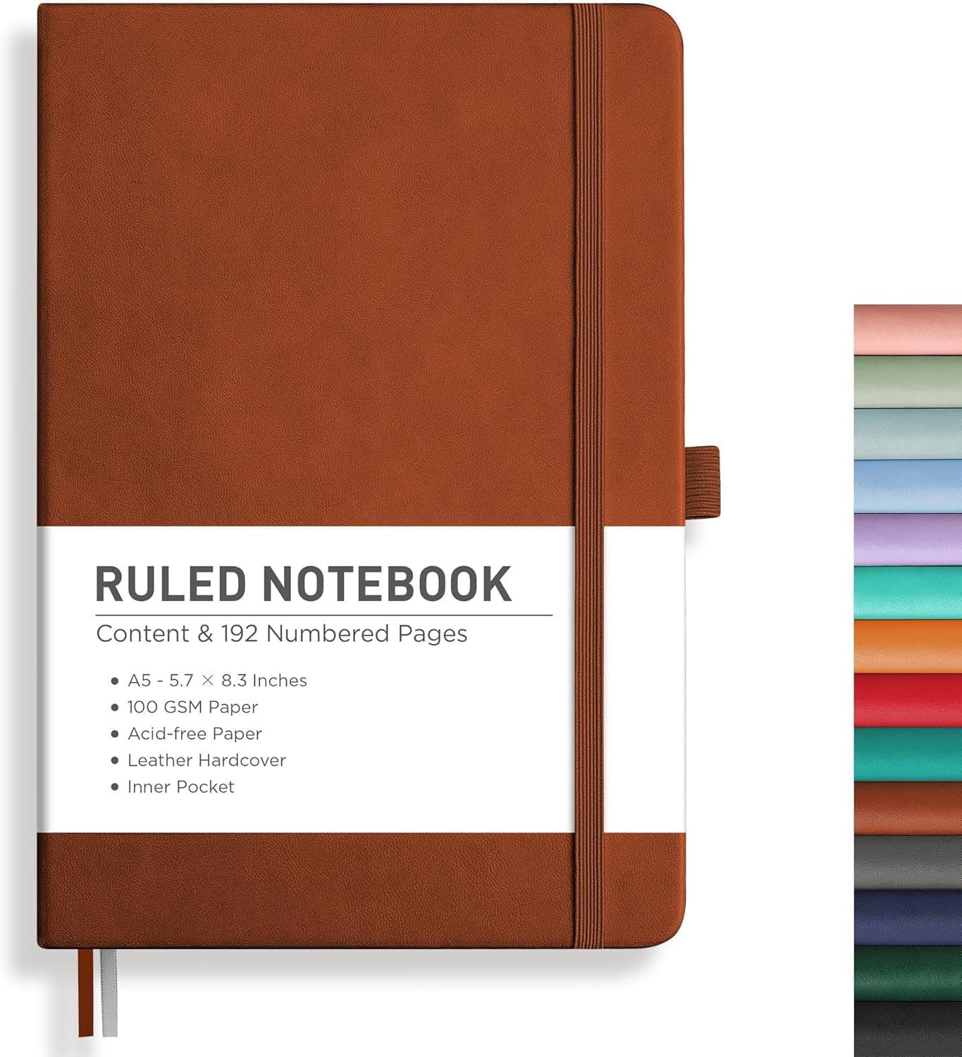 RETTACY Graph Grid Paper Notebook, 192 Pages, A5 Medium Size (5.7'' x 8.3''), 5 Squares per Inch, Leather Hardcover, 100 GSM Thick Paper, for School, Students, Math, Engineering (Brown)