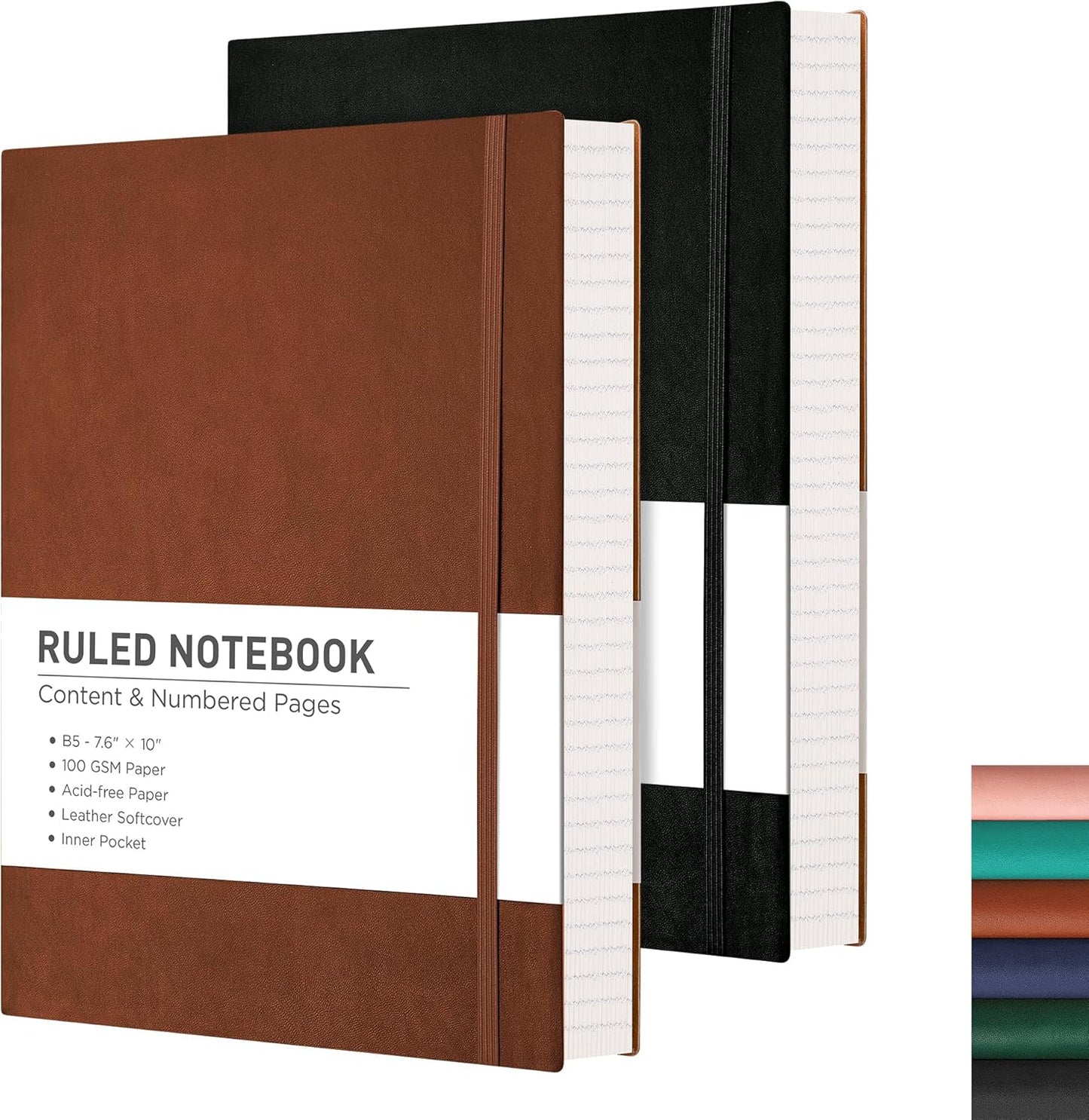 RETTACY Lined Journal Notebook, 2-Pack, 204 Numbered Pages per Pack, B5 Medium 7.6" × 10", Leather Softcover, 100 GSM Thick Paper, for Writing, Work, School (Black & Dark Green)