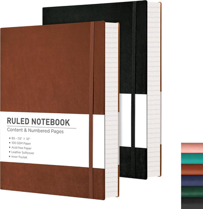 RETTACY Lined Journal Notebook, 2-Pack, 204 Numbered Pages per Pack, B5 Medium 7.6" × 10", Leather Softcover, 100 GSM Thick Paper, for Writing, Work, School (Black & Dark Green)