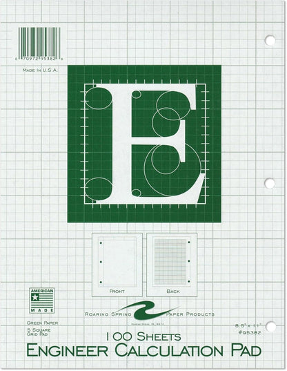 ROARING SPRING Graph Ruled Engineering Pad, Engineering Graph Paper Pad, 5x5 Enclosed Grid, 8.5" x 11", 100 Sheets, 3 Hole Punched, Buff Tinted Sheets, Made in USA
