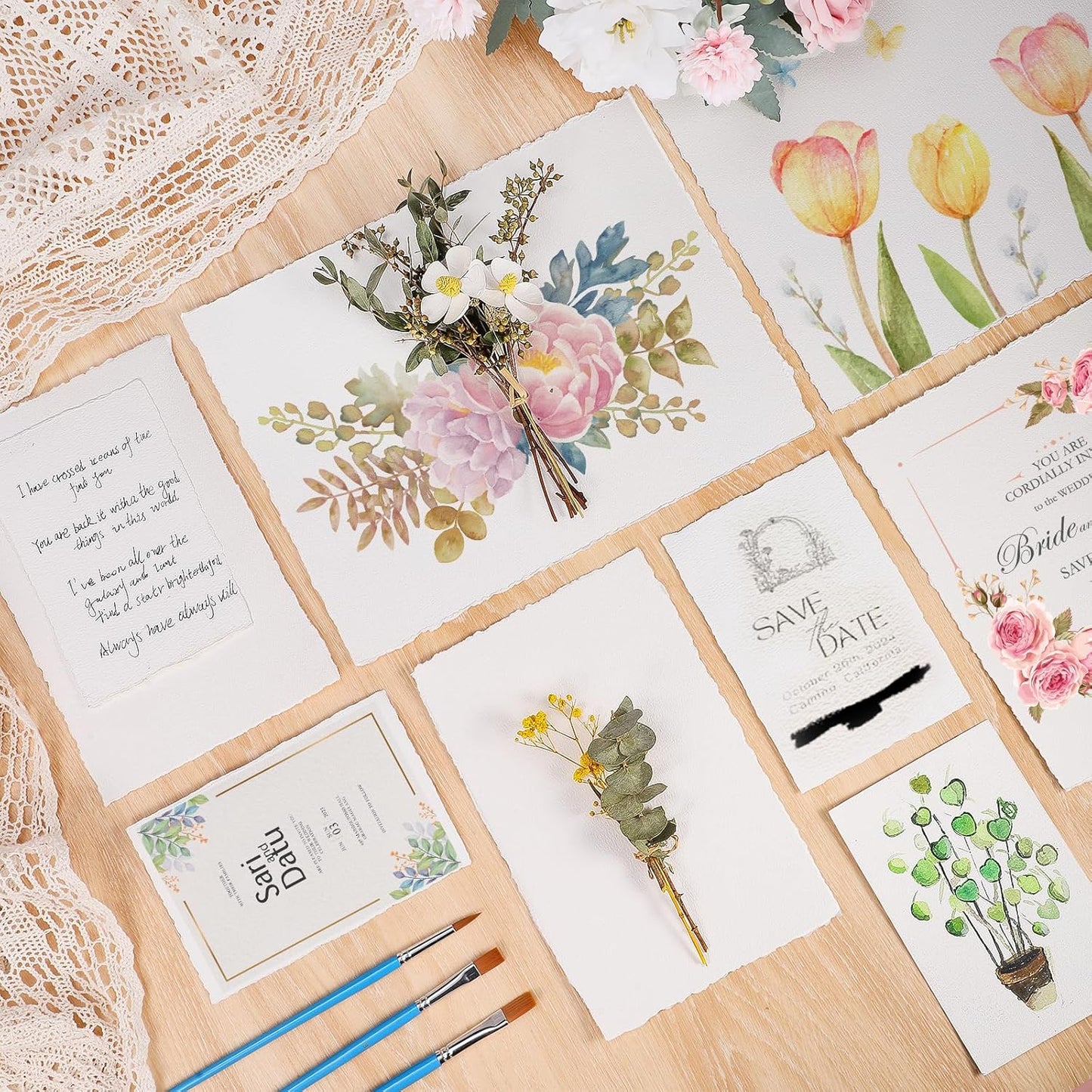 Prudiut 25 Sheets Cotton Watercolor Paper, 300 GSM Deckled Edge, 5 x 7 inch, Rough/Textured, White, for Watercolors, Wedding Invitations, Cards, Crafts