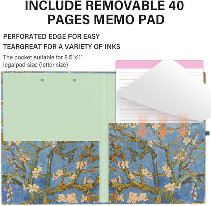 A4 Cute Clipboard Folio with Notepad Clipfolio and Interior Storage, Foldable Nursing Legal Size Clipboards for Work/Kids/Teachers - Almond Tree