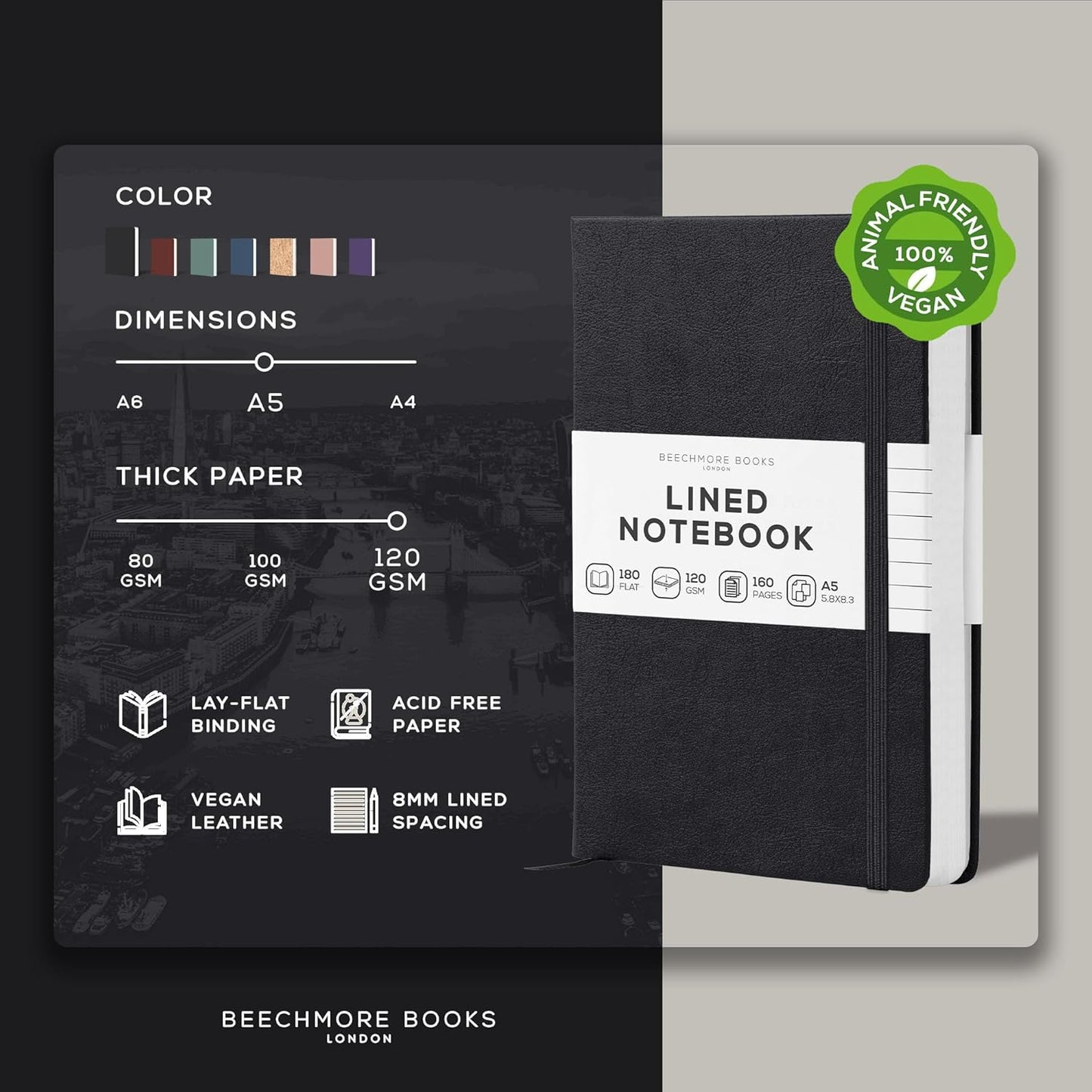 BEECHMORE BOOKS Large Lined Journal Notebook, 8.5" x 11.5" (A4) Hardcover Vegan Leather Executive Diary for Work, Thick 120gsm Paper, Lay-Flat Binding, Gift Box