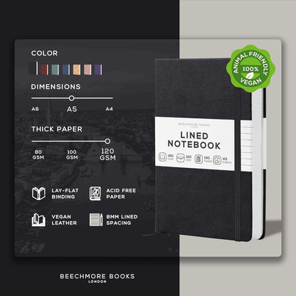 BEECHMORE BOOKS Large Lined Journal Notebook, 8.5" x 11.5" (A4) Hardcover Vegan Leather Executive Diary for Work, Thick 120gsm Paper, Lay-Flat Binding, Gift Box