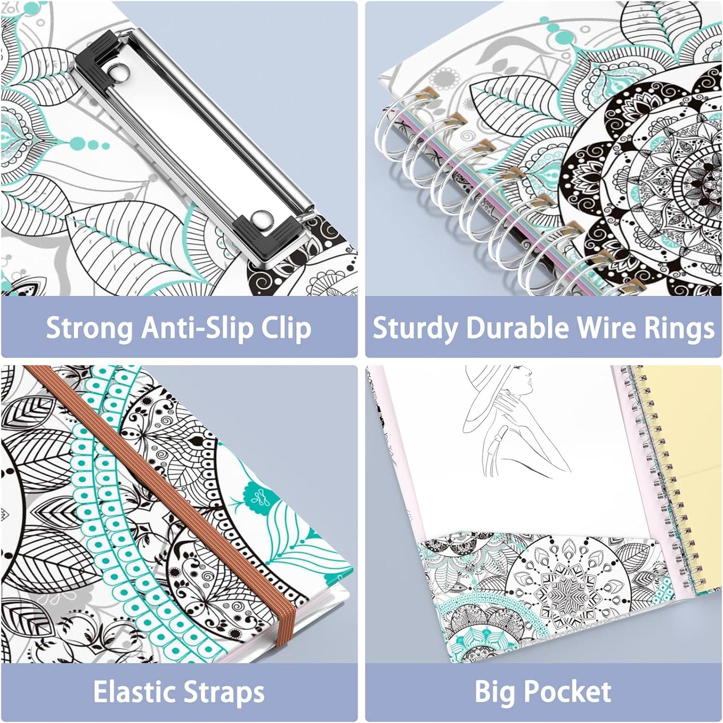 Rimilak Spiral Clipboards Folio with Refillable Lined Notepad, 14.5 x 9.8 In, Hardcover Cover with 5 Interior Pockets, Elastic Band and Pen Loop Series. Cute Stylish Clipfolio, Daisy Flower