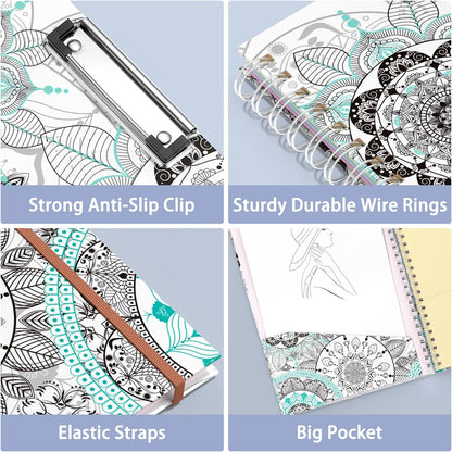 Rimilak Spiral Clipboards Folio with Refillable Lined Notepad, 14.5 x 9.8 In, Hardcover Cover with 5 Interior Pockets, Elastic Band and Pen Loop Series. Cute Stylish Clipfolio, Daisy Flower