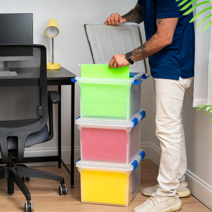 IRIS USA File Box, File Organizer w/Hinged Split Lid for Letter File, Important Document Box, Plastic Storage Filing Bin for Moving, Stackable Nestable Portable, Pearl 44 Qt. 4 Pack