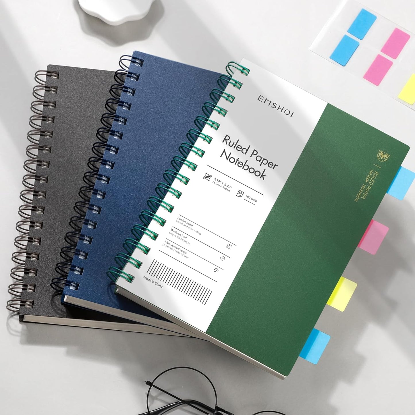 EMSHOI A5 Spiral Notebook College Ruled Lined Journal, Small 5.7" X 8.22", 300 Pages/150 Sheets, 100gsm Thick Paper, Waterproof Hardcover, for Office School Women Men Work Writing Notes, Blue