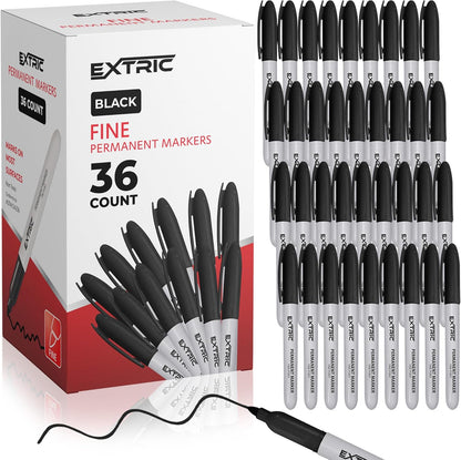 EXTRIC Permanent Markers Black, 36 Count Fine Point Markers, Quick Drying, Works on Wood, Paper, Plastic, Metal and Glass, for Home, Office and School use