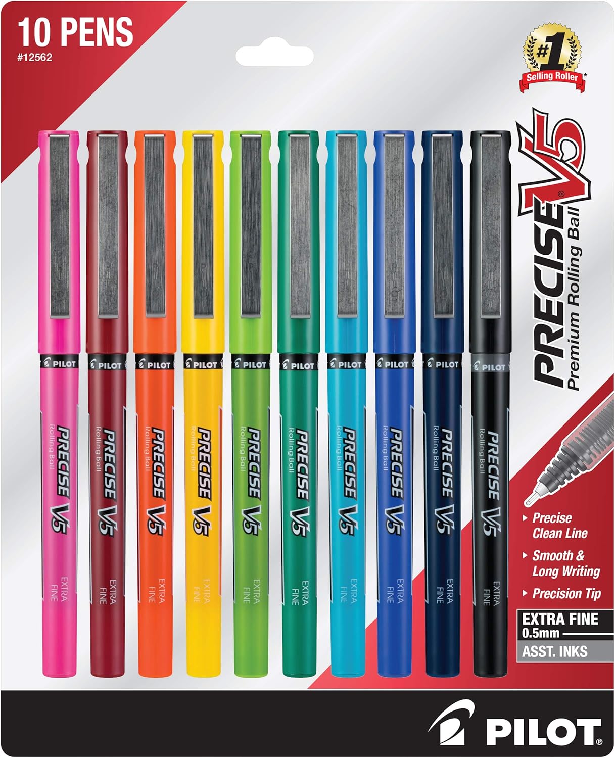 PILOT Precise V5 Stick Liquid Ink Rolling Ball Stick Pens, Extra Fine Point (0.5mm) Assorted Ink Colors, 10-Pack (12562)