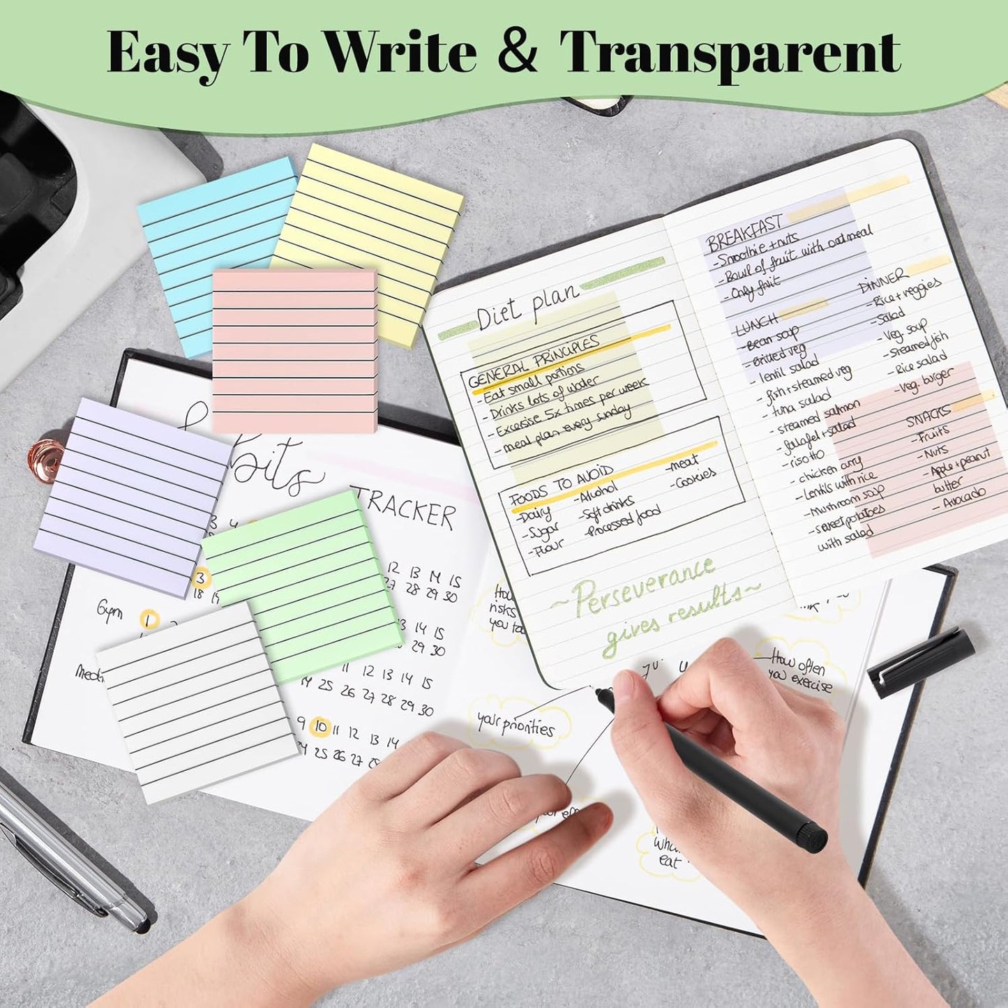 3x3 Inch Transparent Sticky Notes 300 Sheets, Clear Translucent Lined Self-Adhesive Memo Repositionable Reminder Pad for Office, College Students, Planners, Journals, School Supplies (Purple)