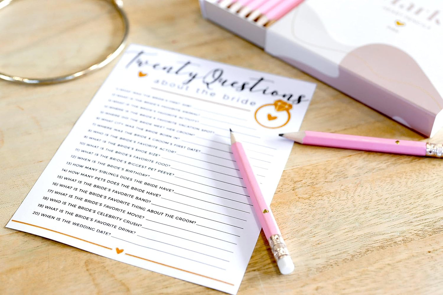 Heart Pencils for Baby Shower Games and Bridal Shower Games, Mini Pencils, Small Pencil Set For Game Prizes, Bridal Pens (White / Gold)