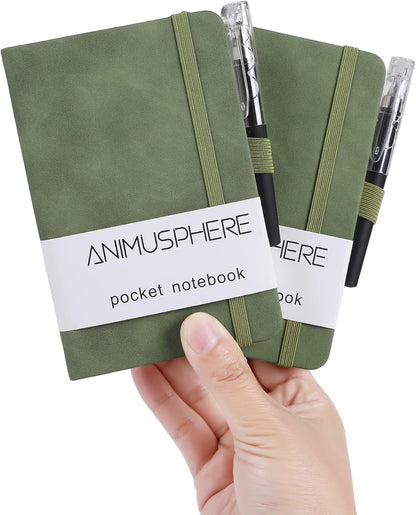 2Pack Pocket Notebook Small Notebook Journal Notebook 4 inches x 5.7 inches 200 Pages Leather Cover With Pen Holder Page Marker Ribbons(Black)