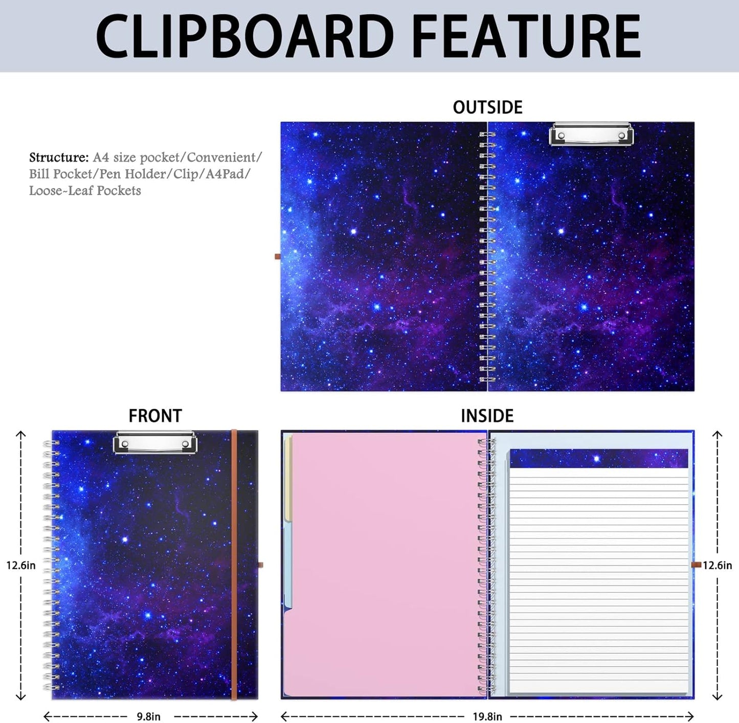 Rimilak Spiral Clipboards Folio with Refillable Lined Notepad, 14.5 x 9.8 In, Hardcover Cover with 5 Interior Pockets, Elastic Band and Pen Loop Series. Cute Stylish Clipfolio, Daisy Flower