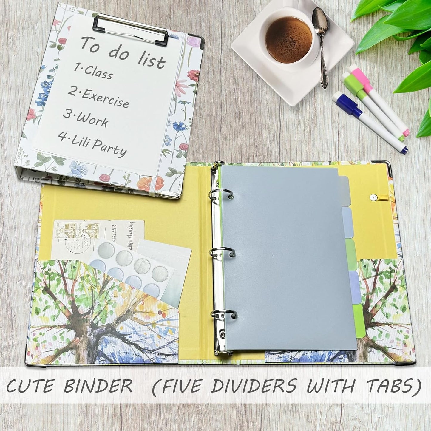 3 Ring Binder 1 Inch, Three Ring Binders Organizer with Clipboard, 5-Tabs Pockets Dividers, Plastic Folder, 18 Divider Stikers, BVSSX Pretty Binder with Pen Loop (Black Weeds, Letter Size)