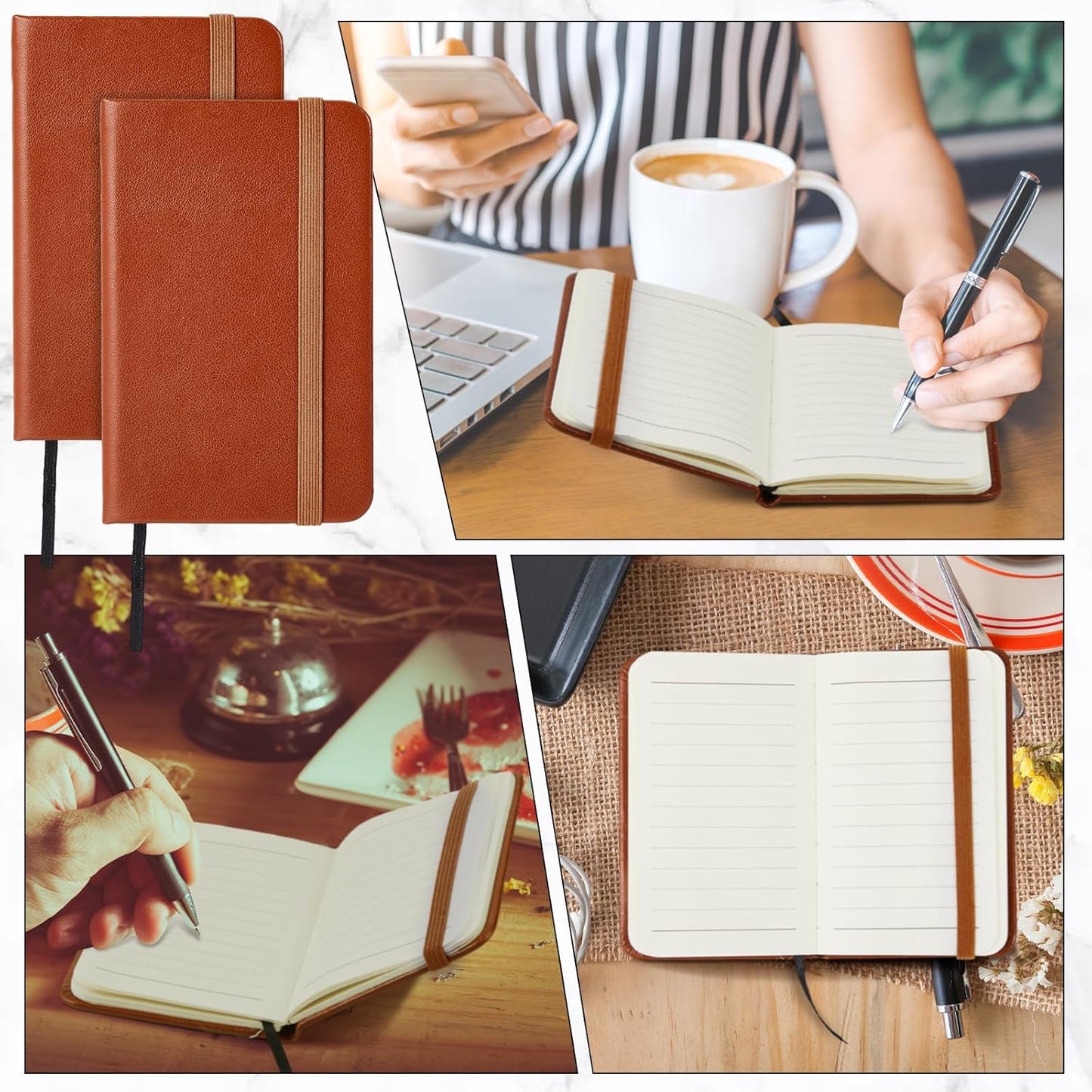 Qeeenar 10 Pcs Mini Black Brown Blue Leather Pocket Notebook Bulk, 4 x 2.5 Inch Small Journal Note Book, 50 Sheets Hardcover Tiny Notepad Lined for Office Home School Writing Supplies