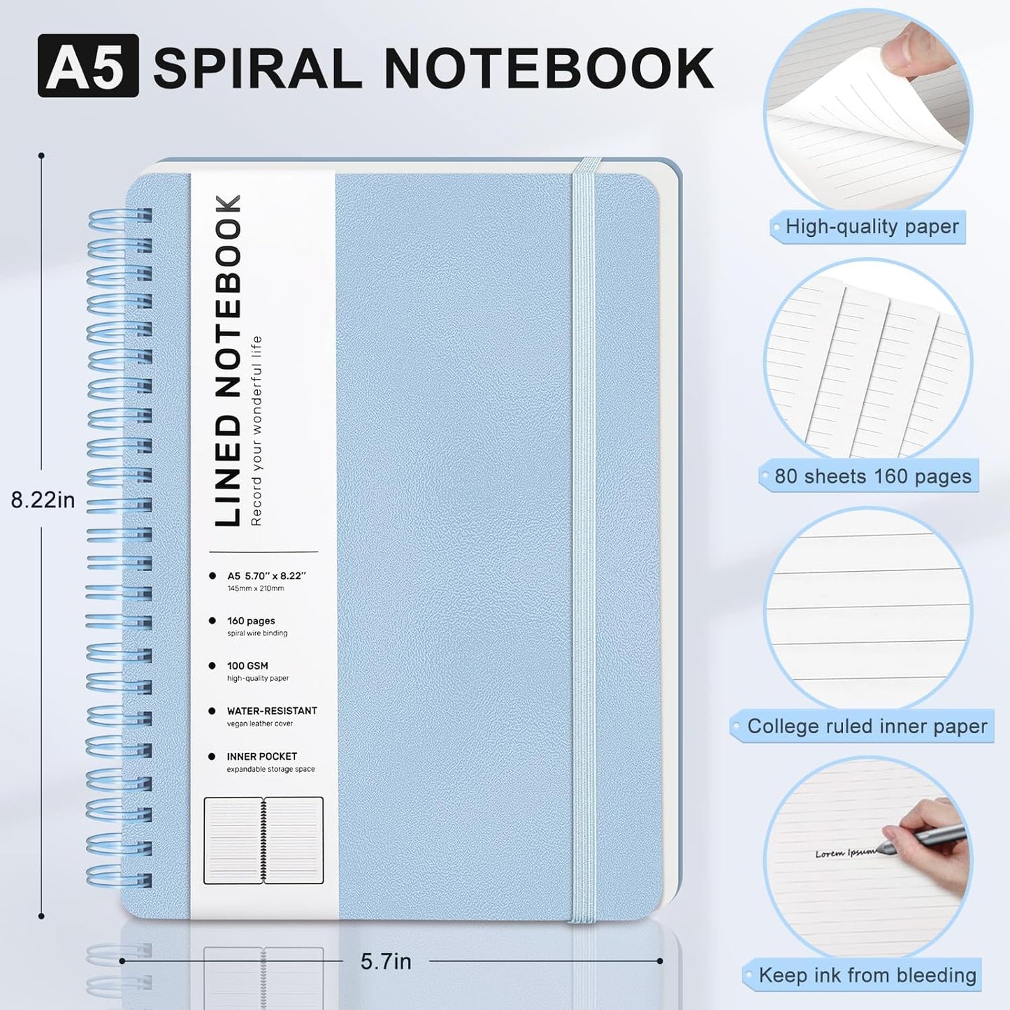 Lined Spiral Journal Notebook, A5 Hardcover Leather Notebook for Work, 5.7''×8.2'', 100GSM Thick Paper Spiral Bound Journaling Notebooks for Women & Men Office School Note Taking Business, Black